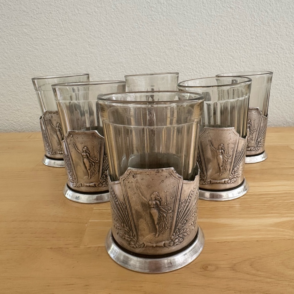 Set of 6 Vintage Soviet Metal Glass Holders with Glasses USSR 70s German Silver